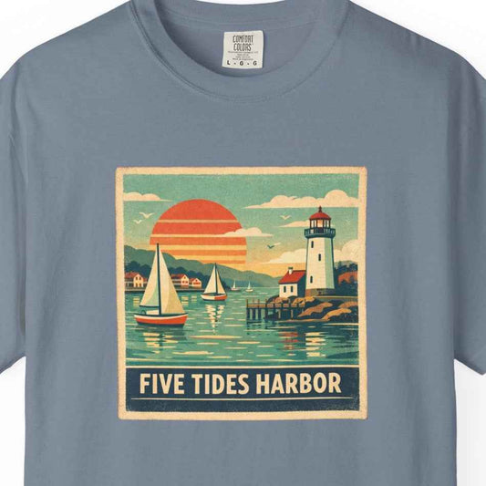 Five Tides Harbor Vintage Sailboat Graphic T-Shirt, Summer Fashion Travel Unisex Tee