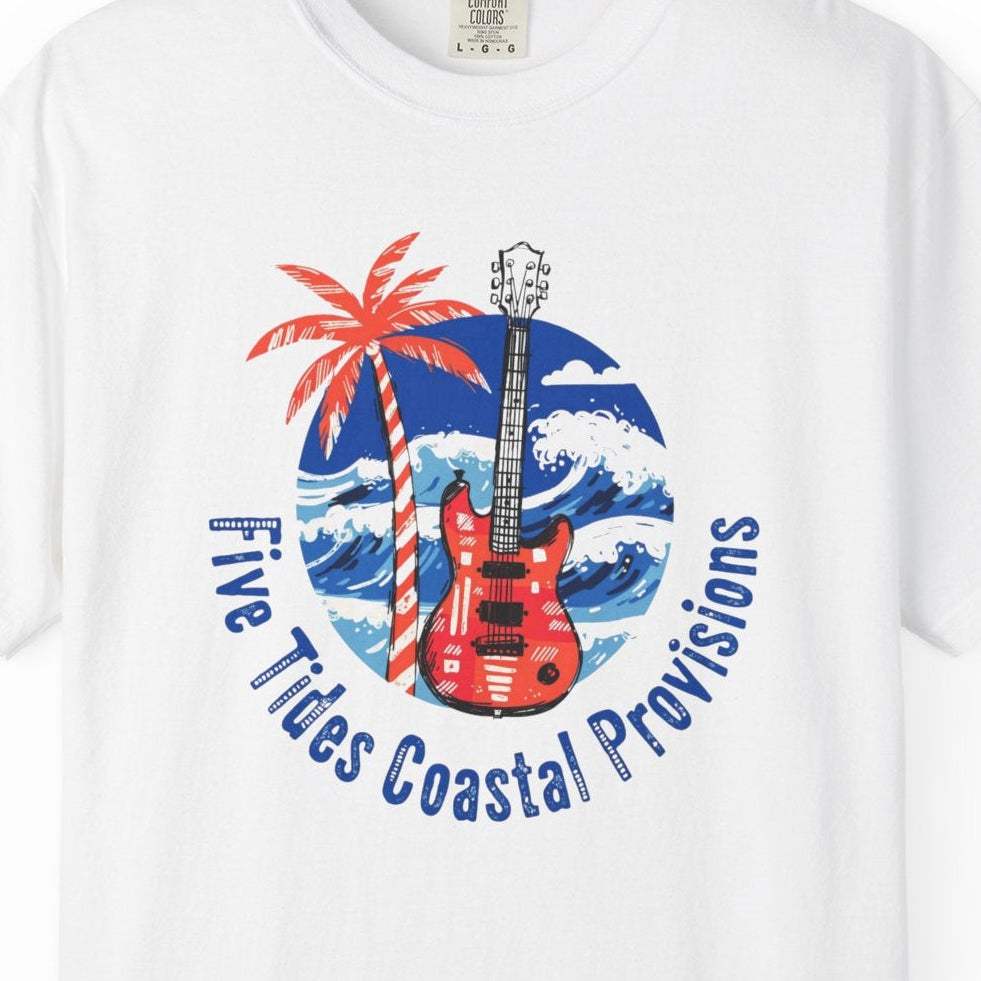 White t-shirt with a graphic design of a guitar, palm tree, and waves on a white background