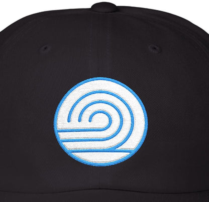 Black cap with a blue and white logo on a white background