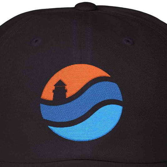 Black cap with a colorful logo on a white background