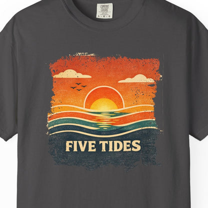 Gray t-shirt with 'Five Tides' graphic design on a white background