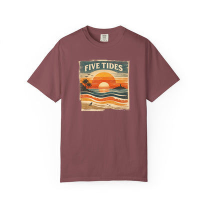 Five Tides Sunset Beach T-Shirt - Vintage Tidal Surf Graphic Tee
