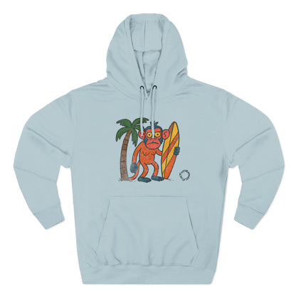 Beach Surfing Monkey Hoodie — Retro Beach Palm Tree Surfboard Graphic