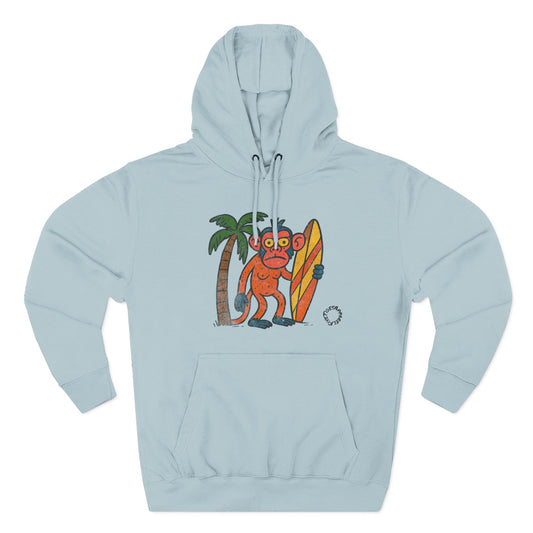 Beach Surfing Monkey Hoodie — Retro Beach Palm Tree Surfboard Graphic