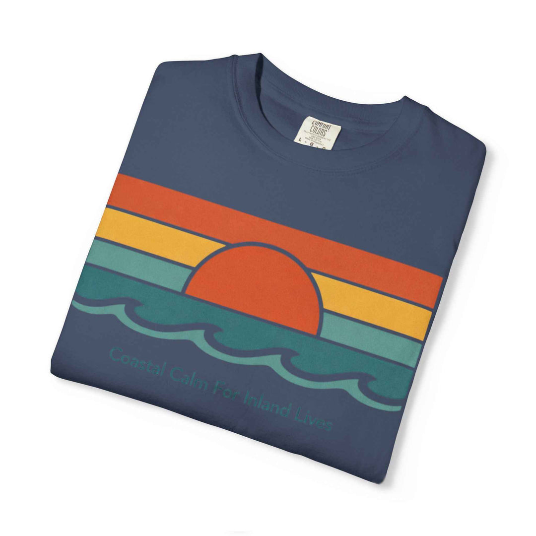 Coastal Calm Graphic T-Shirt — "Coastal Calm For Inland Lives" Sunset Waves Tee