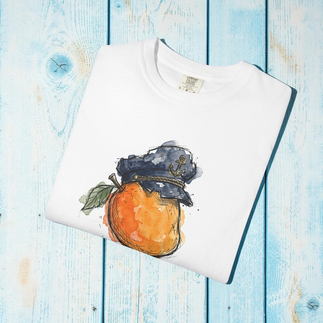 White sweatshirt with a graphic of an orange wearing a cap on a white background
