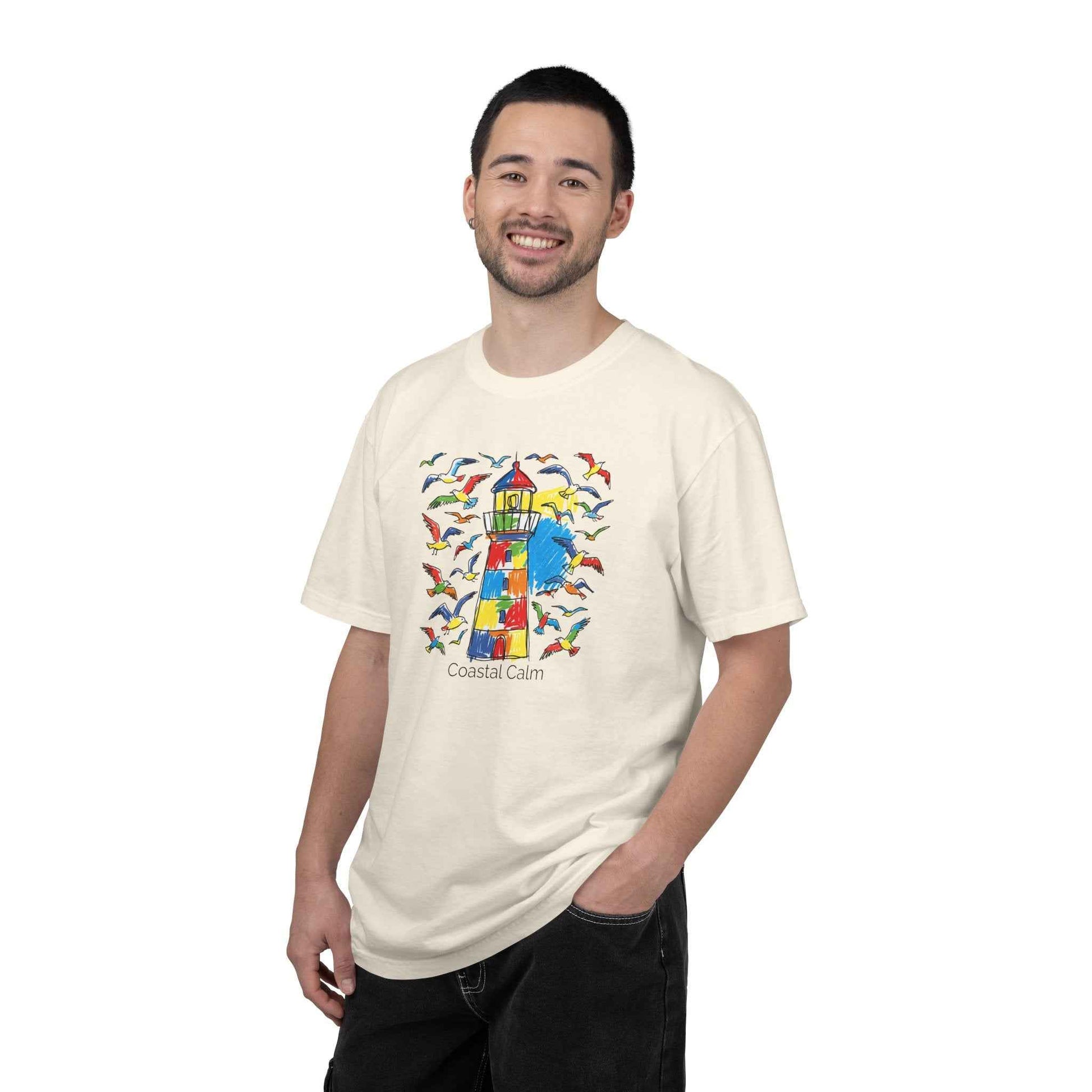 Coastal Calm Summer Lighthouse T-Shirt — Beachy Seagull Graphic Cotton Tee