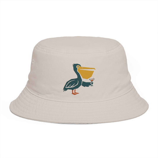 Pelican Cocktail Bucket Hat — Tropical Beach Sun Hat with Cartoon Pelican and Drink