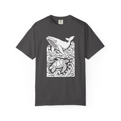 Ocean Life Garment-Dyed Graphic T-shirt - Whale & Turtle Design, Beachwear, Casual Style, Unisex Gift, Nature Lover Apparel