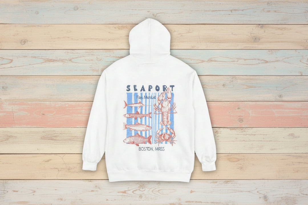 White hoodie with seafood graphic and text on a white background