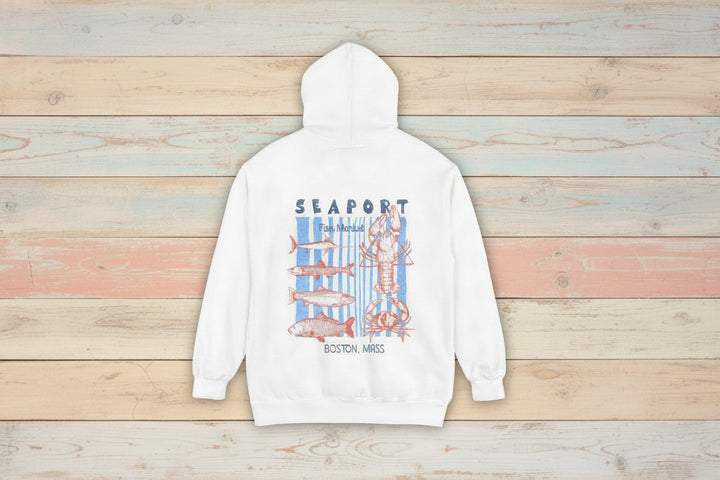 White hoodie with seafood graphic and text on a white background