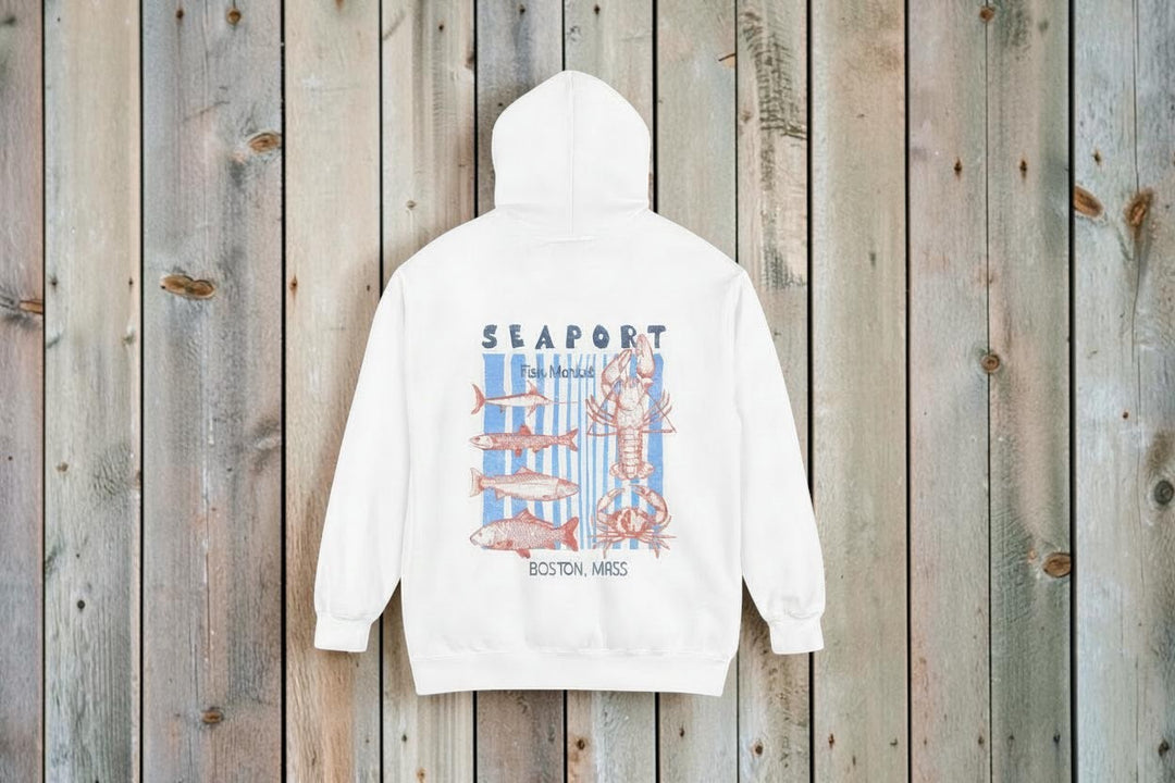 White hoodie with seafood graphic and text on a white background