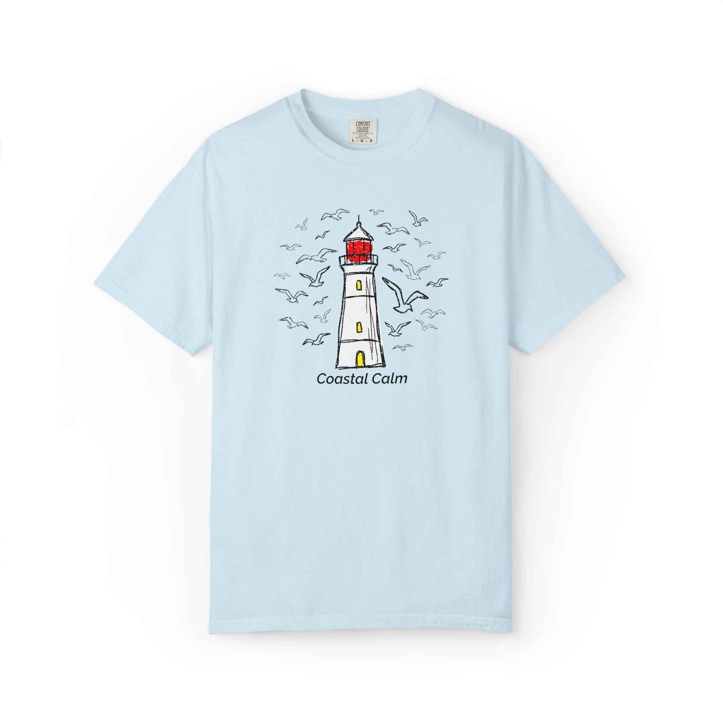 Coastal Calm Seabirds Lighthouse T‑Shirt, Beach Summer Stye Cotton Tee