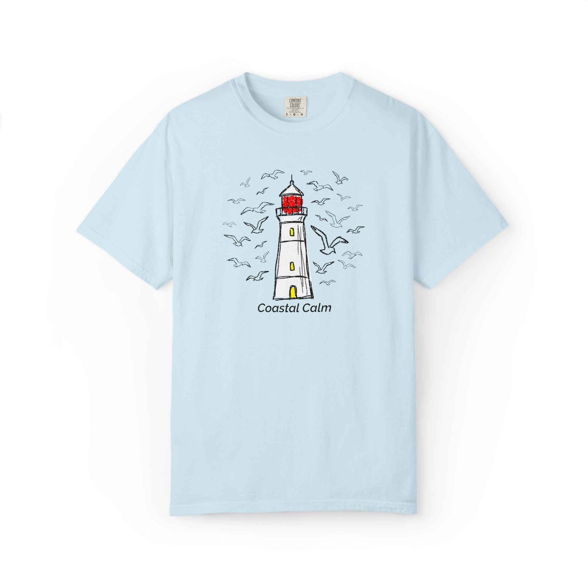 Coastal Calm Seabirds Lighthouse T‑Shirt, Beach Summer Stye Cotton Tee