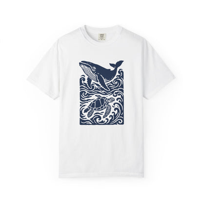 Ocean Life Garment-Dyed T-Shirt, Whale and Turtle Design, Casual Wear for Beach Lovers, Eco-Friendly Gift, Marine Life Appreciation