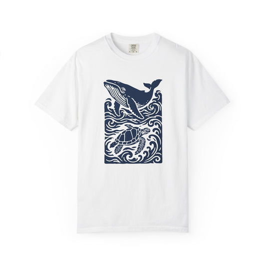 Ocean Life Garment-Dyed T-Shirt, Whale and Turtle Design, Casual Wear for Beach Lovers, Eco-Friendly Gift, Marine Life Appreciation
