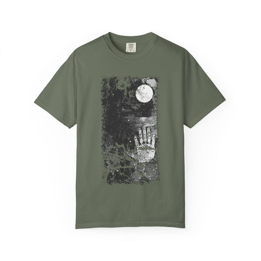 Moonlit dreary Beach  Handprint Unisex T-Shirt | Soft Cotton Tee, Vintage Style, Casual Wear, Gift for Him/Her, Unique Fashion Statement