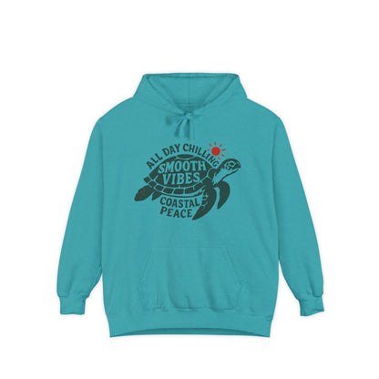 Coastal Vibes Hoodie, Unisex Garment-Dyed Hoodie, Beach Hoodie, Chill Vibes Sweatshirt, Turtle Design Hoodie, Summer Style Pullover