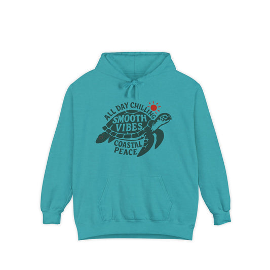 Coastal Vibes Hoodie, Unisex Garment-Dyed Hoodie, Beach Hoodie, Chill Vibes Sweatshirt, Turtle Design Hoodie, Summer Style Pullover