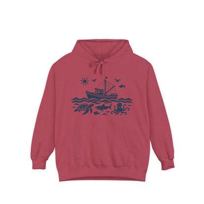 Nautical Adventure Garment-Dyed Hoodie with Ocean Design, Coastal Sweatshirt, Beach Gift, Sea Creature Pullover, Marine Life Apparel