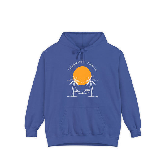 Sunset Beach Hoodie, Unisex Garment-Dyed Pullover, Clearwater Florida Souvenir, Casual Beachwear, Gifts for Ocean Lovers