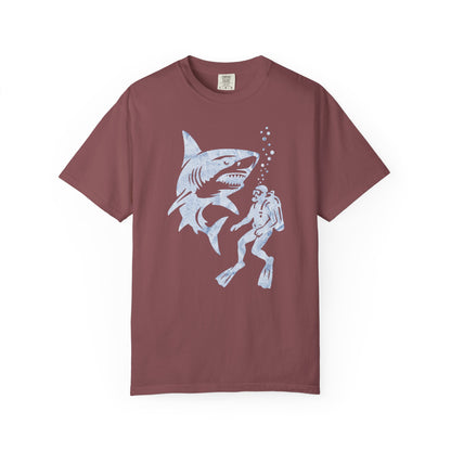 Shark Dive Unisex Garment-Dyed T-Shirt, Ocean Lover Gift, Adventure Enthusiast Shirt, Unique T-Shirt for Beach Days, Fun Diving Gift