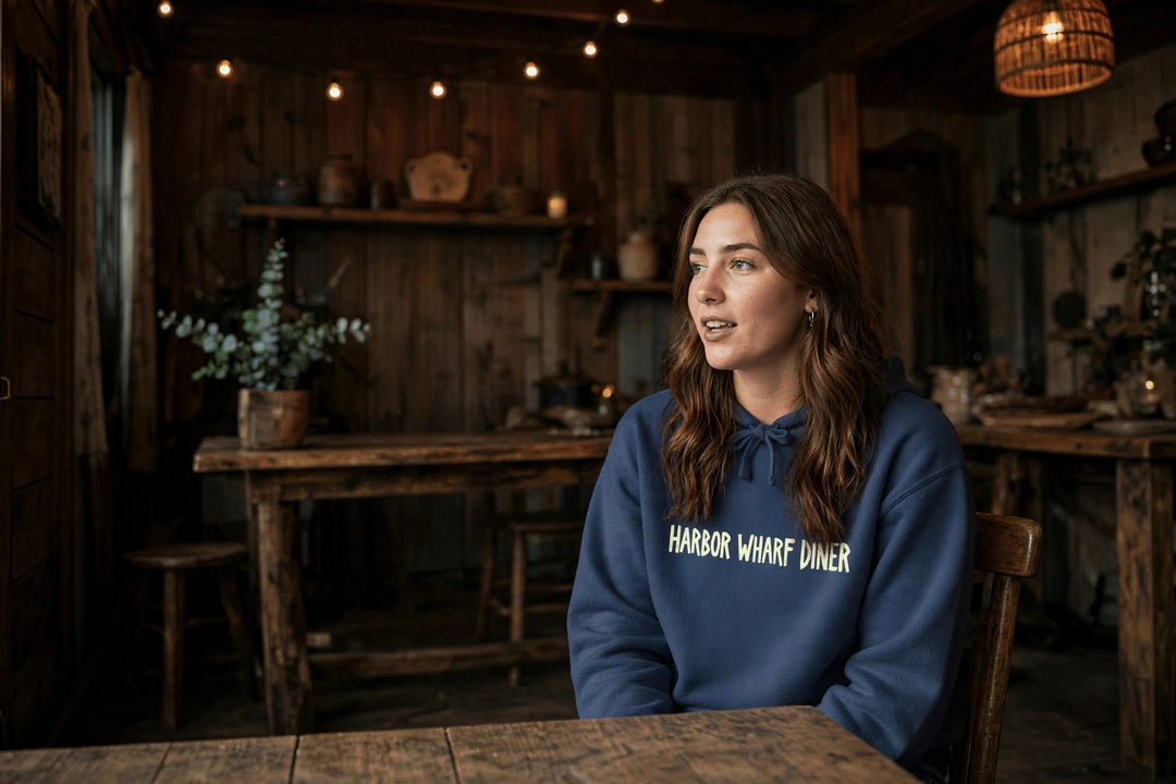 Harbor Wharf Diner Hoodie — in the Five Tides room, female front