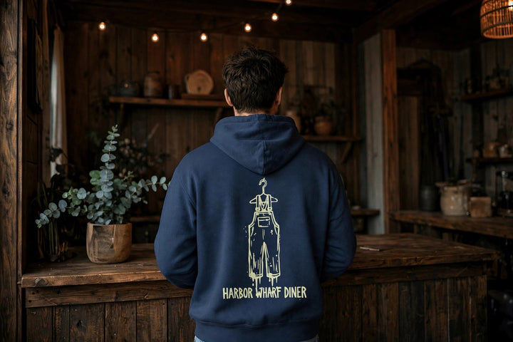 Harbor Wharf Diner Hoodie — in the Five Tides room, male back