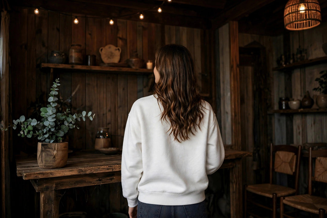 Last Resort Tiki Bar Sweatshirt — in the Five Tides room, female back