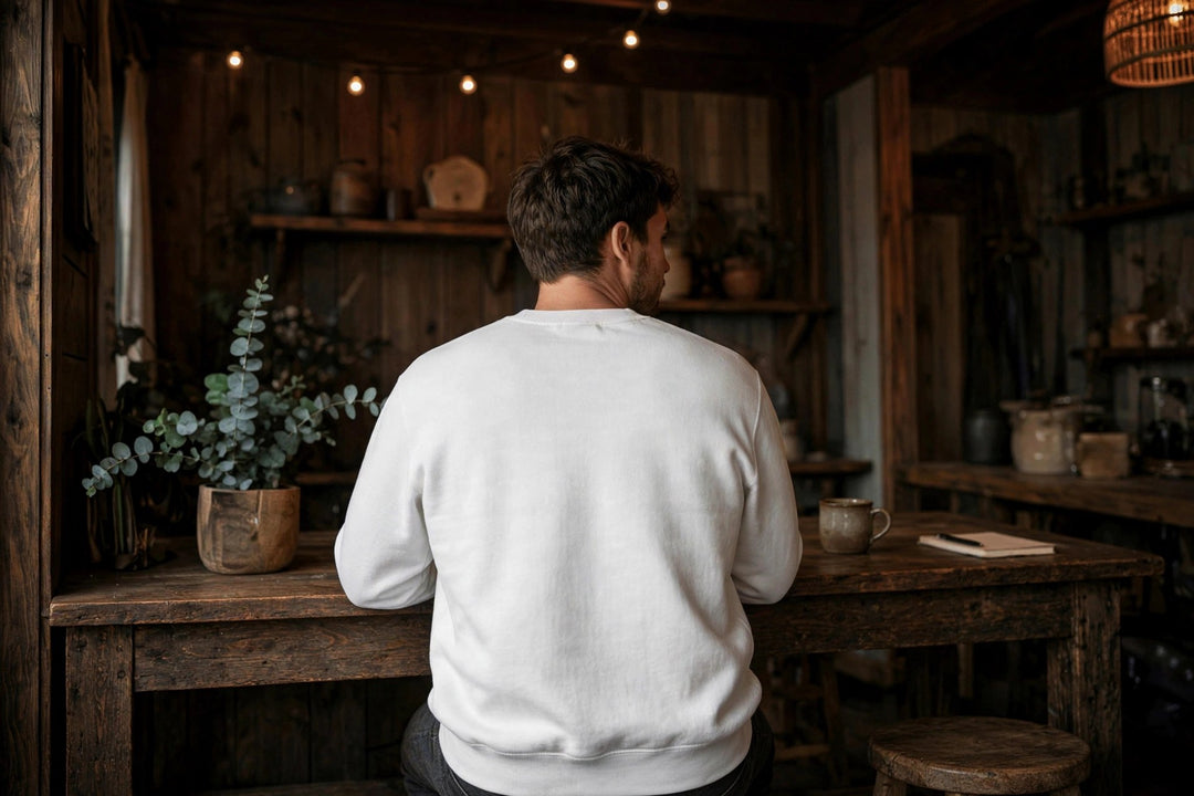 Last Resort Tiki Bar Sweatshirt — in the Five Tides room, male back