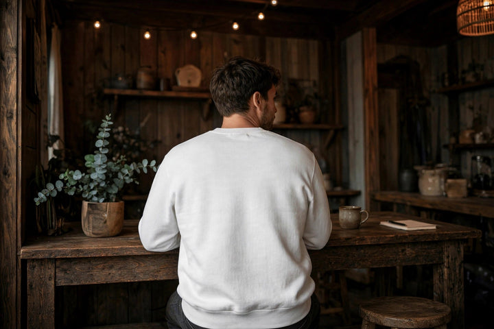 Last Resort Tiki Bar Sweatshirt — in the Five Tides room, male back