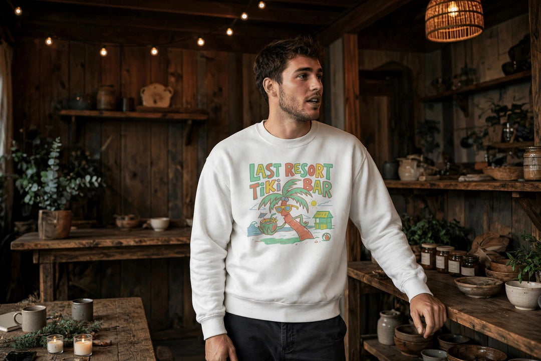 Last Resort Tiki Bar Sweatshirt — in the Five Tides room, male front