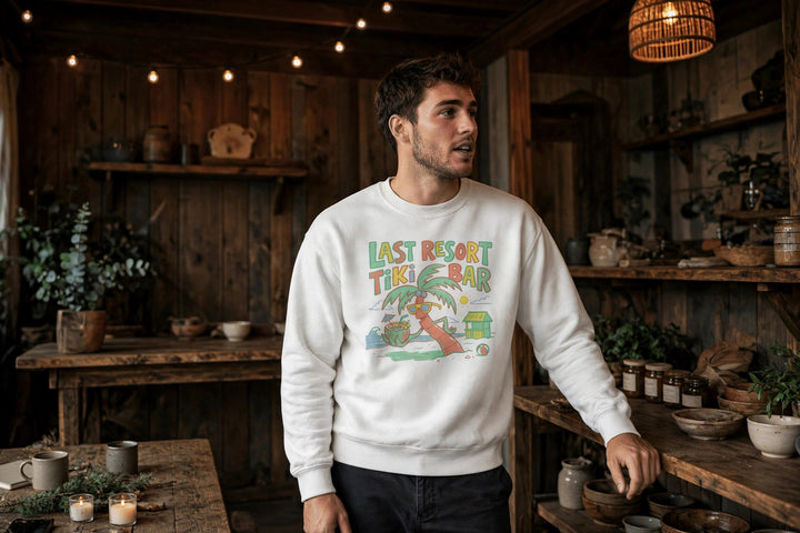 Last Resort Tiki Bar Sweatshirt — in the Five Tides room, male front