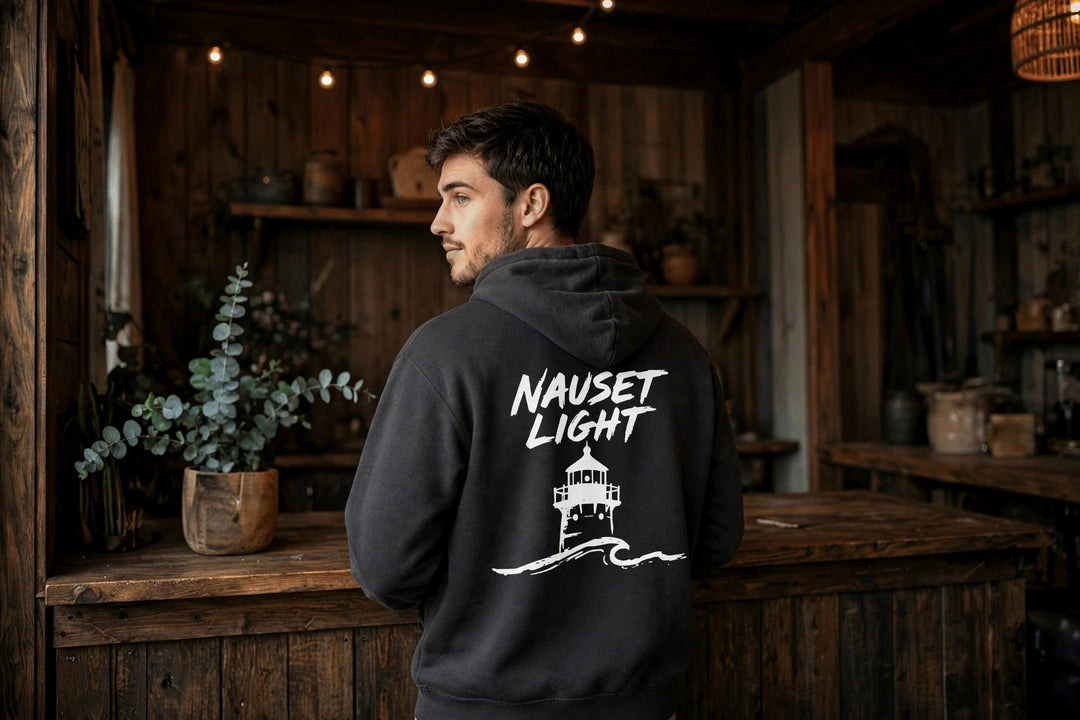 Nauset Light Hoodie — in the Five Tides room, male back