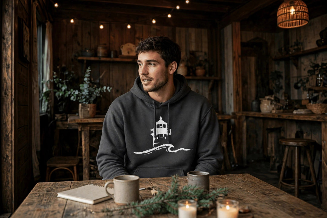 Nauset Light Hoodie — in the Five Tides room, male front