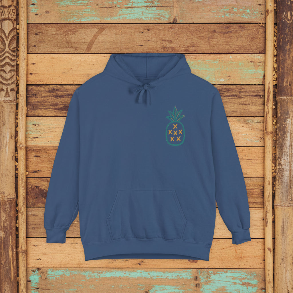 Blue hoodie with a pineapple design on a white background