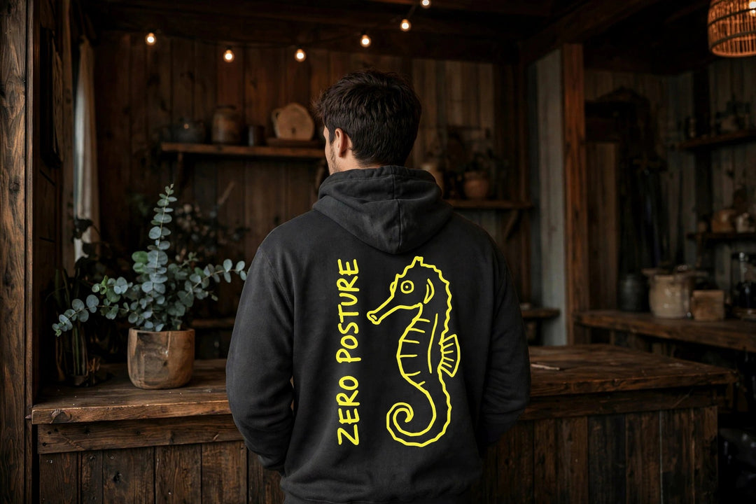 Neon Seahorse Hoodie — in the Five Tides room, male back