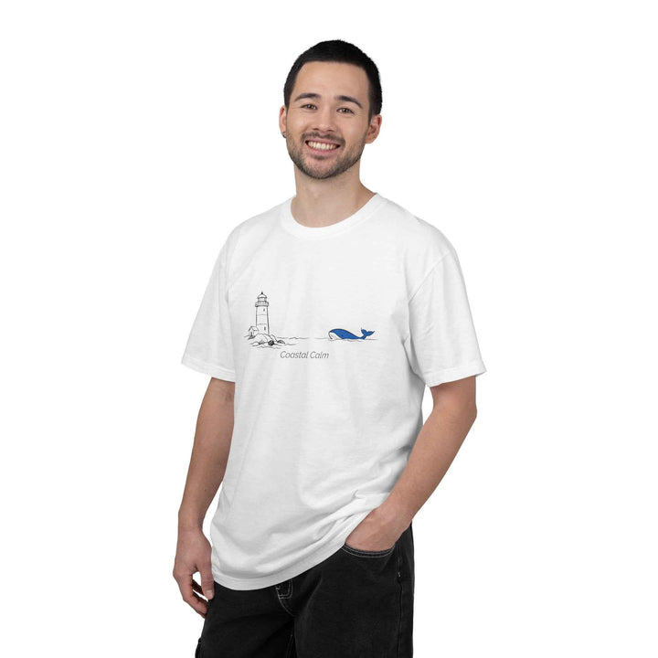 Lighthouse &amp; Whale T-Shirt — Coastal Nautical Tee ("Coastal Soul") Cotton Summer Tee
