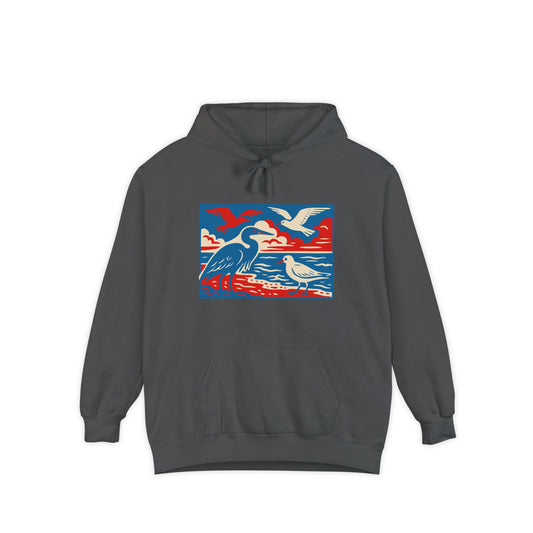 Coastal Birds Hoodie, Garment-Dyed Sweatshirt for Nature Lovers, Perfect for Beach Days, Gift for Birdwatchers, Casual Wear
