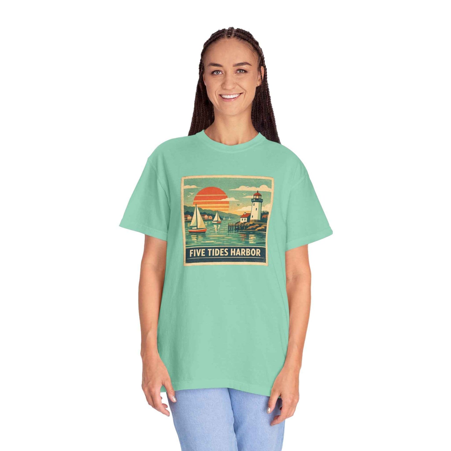 Five Tides Harbor Vintage Sailboat Graphic T-Shirt, Summer Fashion Travel Unisex Tee