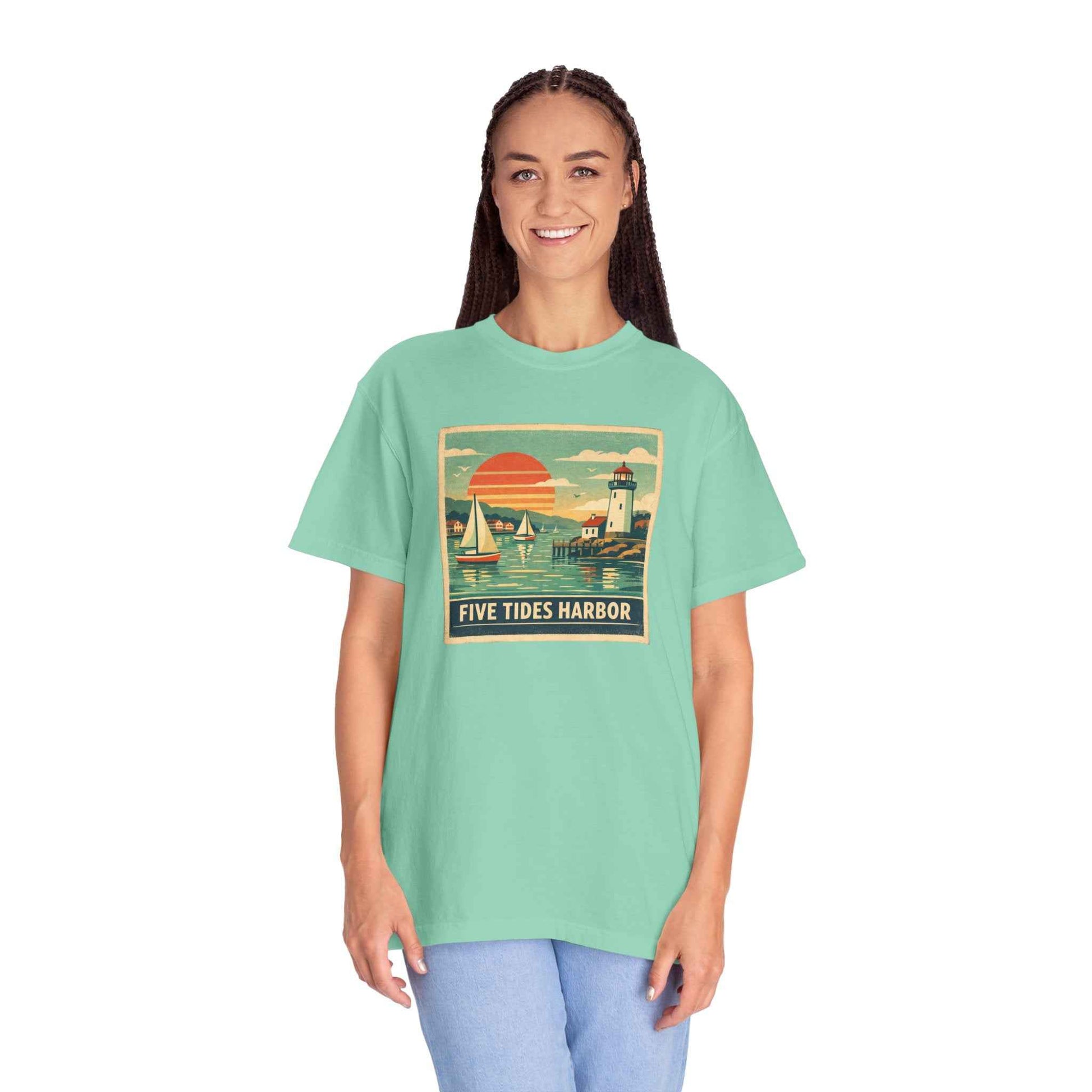 Five Tides Harbor Vintage Sailboat Graphic T-Shirt, Summer Fashion Travel Unisex Tee