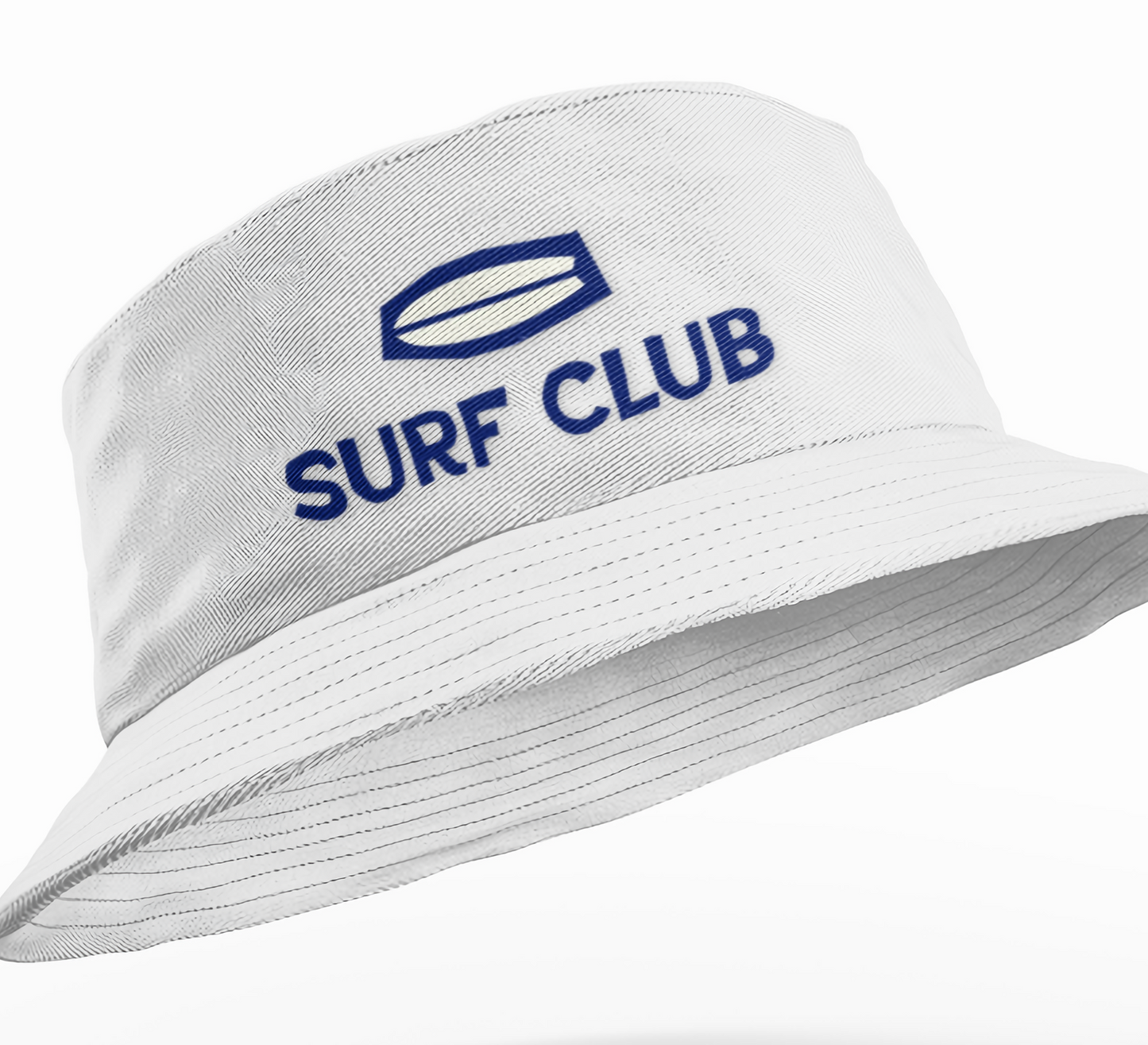 White bucket hat with 'Surf Club' text on a white background
