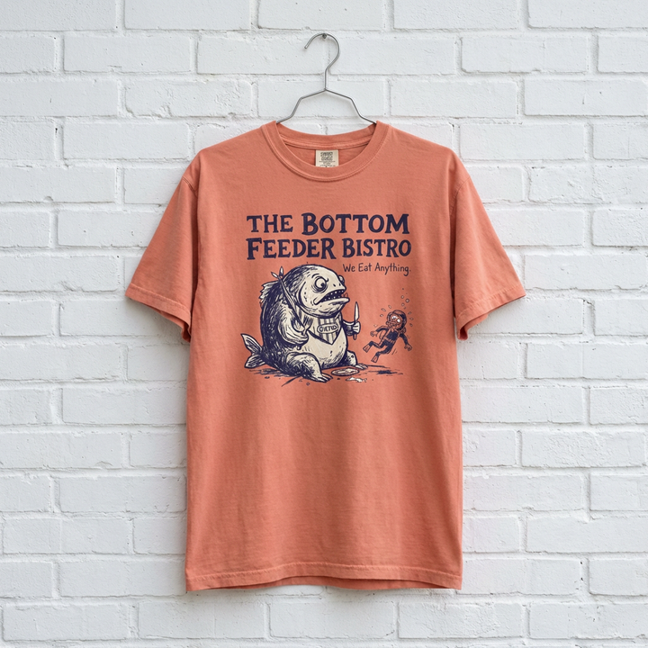 Bottom Feeder Bistro Graphic Tee — Vintage Fish Restaurant Garment-Dyed T-Shirt