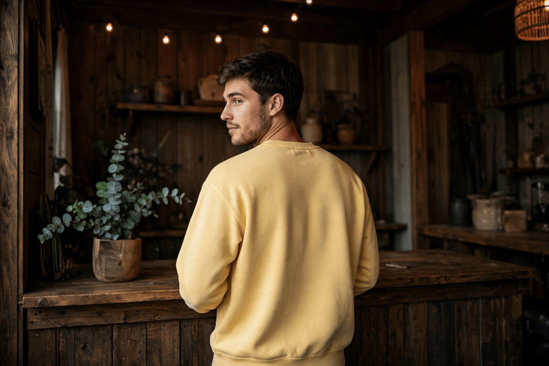 Salty Pelican Sweatshirt — in the Five Tides room, male back