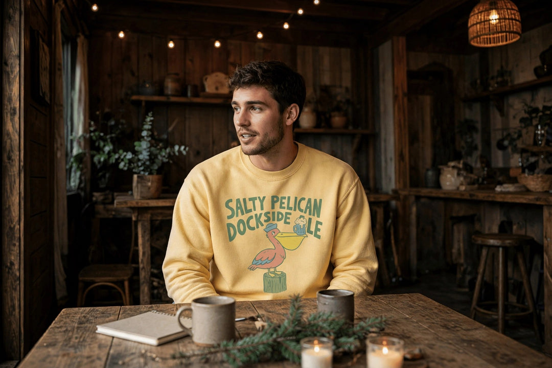 Salty Pelican Sweatshirt — in the Five Tides room, male front
