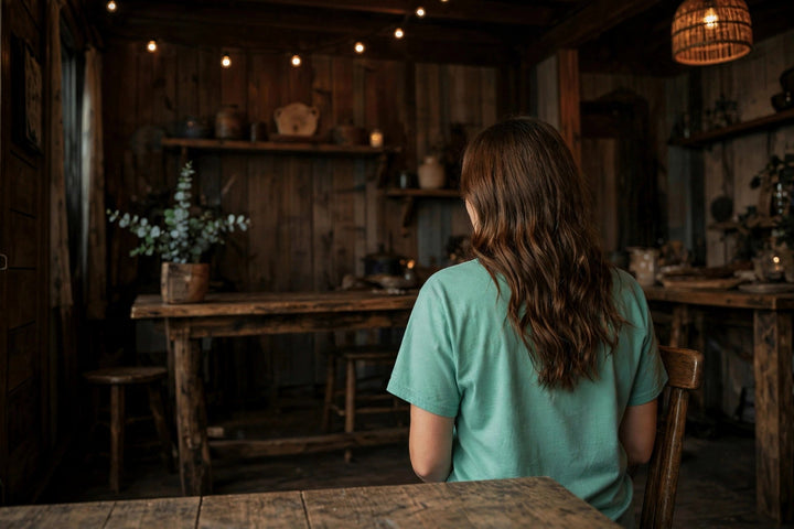 High Tide Sailing Tee — in the Five Tides room, female back