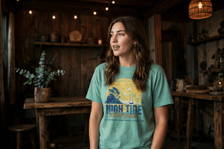 High Tide Sailing Tee — in the Five Tides room, female front
