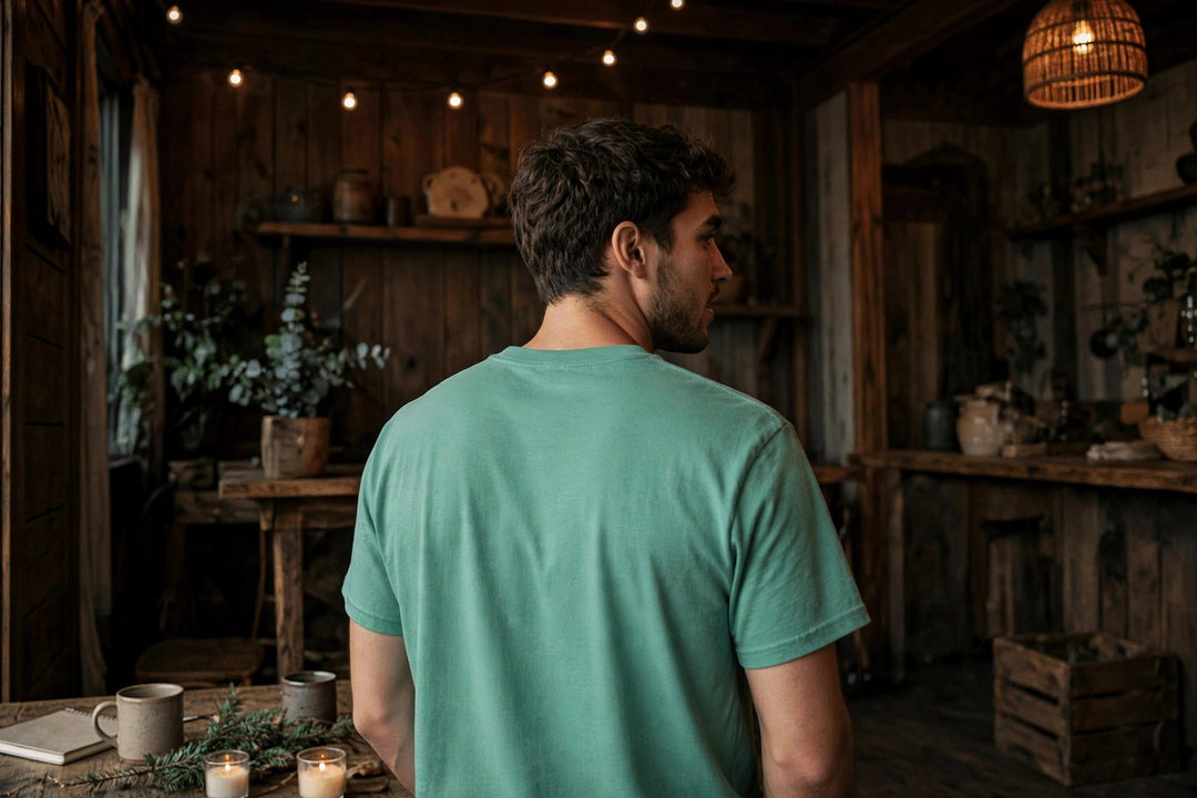 High Tide Sailing Tee — in the Five Tides room, male back