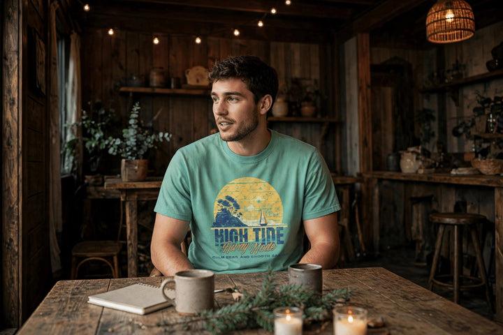 High Tide Sailing Tee — in the Five Tides room, male front