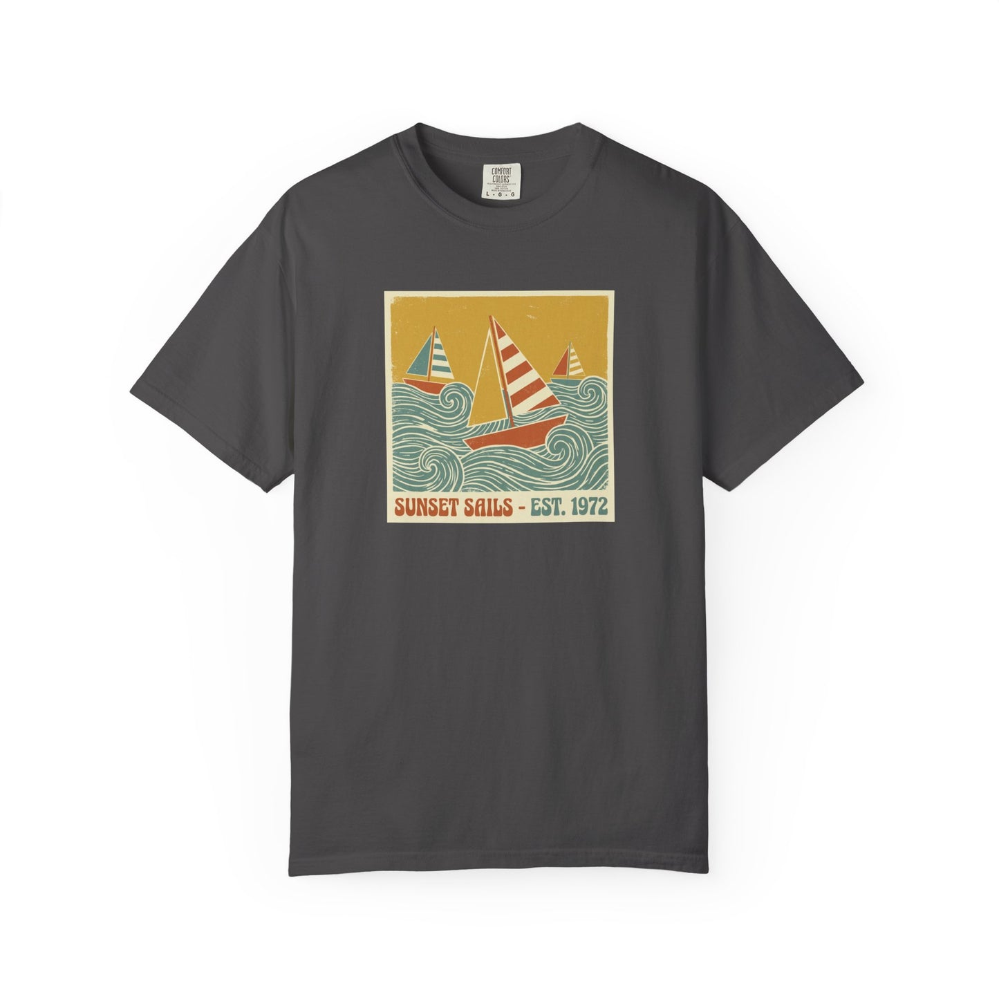 Sunset Sails Graphic Tee - Vintage Sailboat Travel Beach T-Shirt